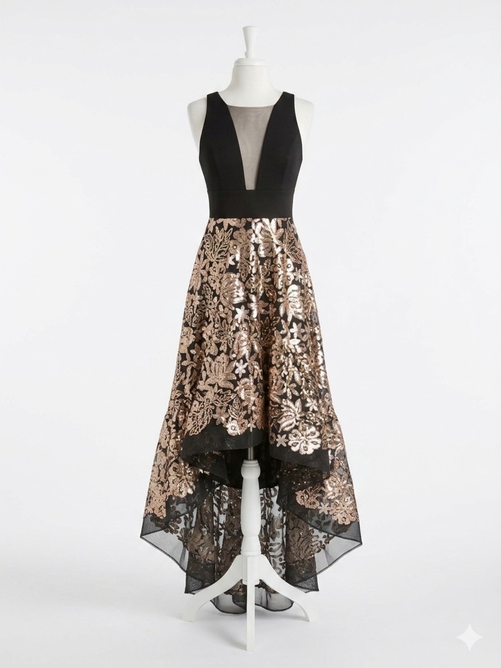 Bronx and Banco Louise Sequin High Low Gown Black Gold Prom Gala Dress Size XS